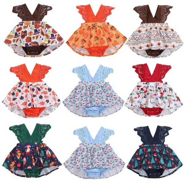 

halloween christmas toddler summer outfit v-neck ruffle lace sleeves rompers cartoon a-line skirt cover baby girl 0-18 months, Blue