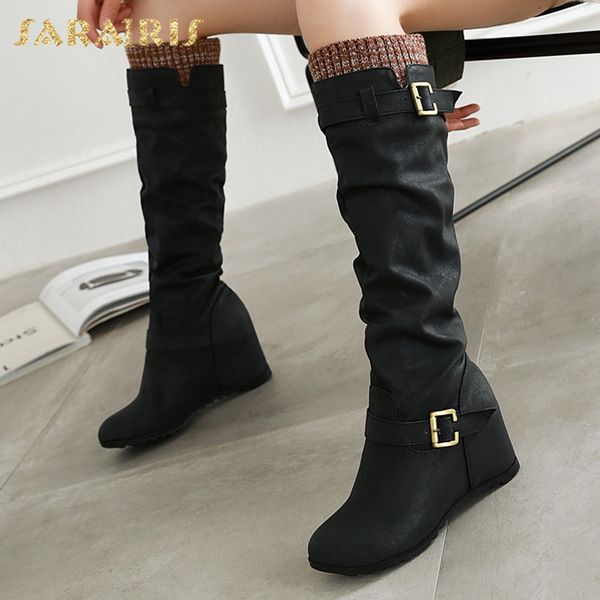 

sarairis new fashion 2020 slip on mid calf boots woman shoes wedge heels buckle decoration shoes women boots, Black