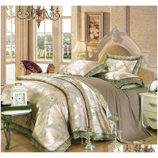 

luxury jacquard bedding set king  size 4pcs bed linen silk cotton duvet cover lace satin bed sheet set pillowcases europe home pgnts