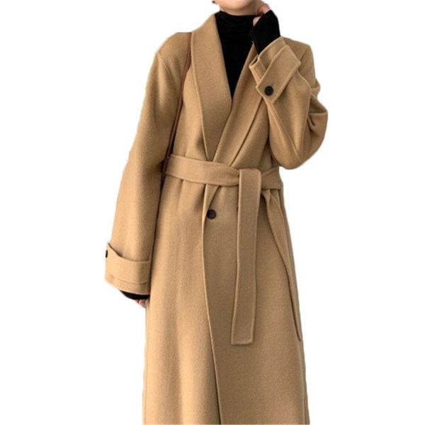 

women's wool & blends korean style woolen coat women autumn and winter all-match casual waist belt simple jacket long coats ns2, Black