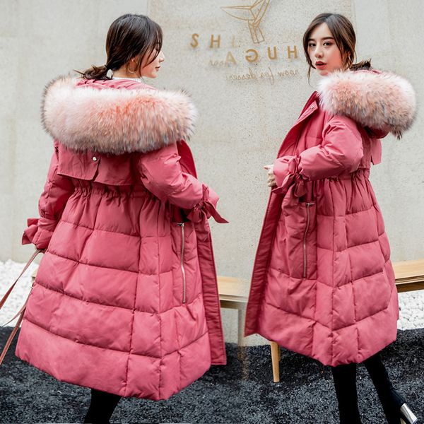 

2021 new woman winter with hoodie big korean leather collar long duck down female jacket parka chaqueta mujer kj2666 cj9p, Black