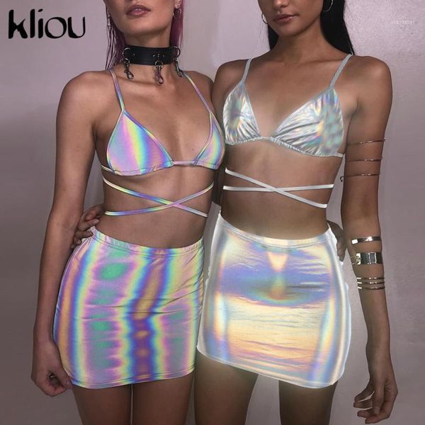 

kliou 2019 new women fashion two pieces set silver shiny material lace up camisole skirts outfit summer festival clothing1, White