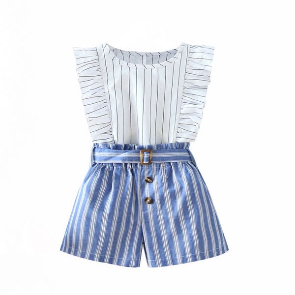 

2021 new summer girl 2-pcs sets white striped sleeveless shirts + high waist shorts with sashes kids outfits e238