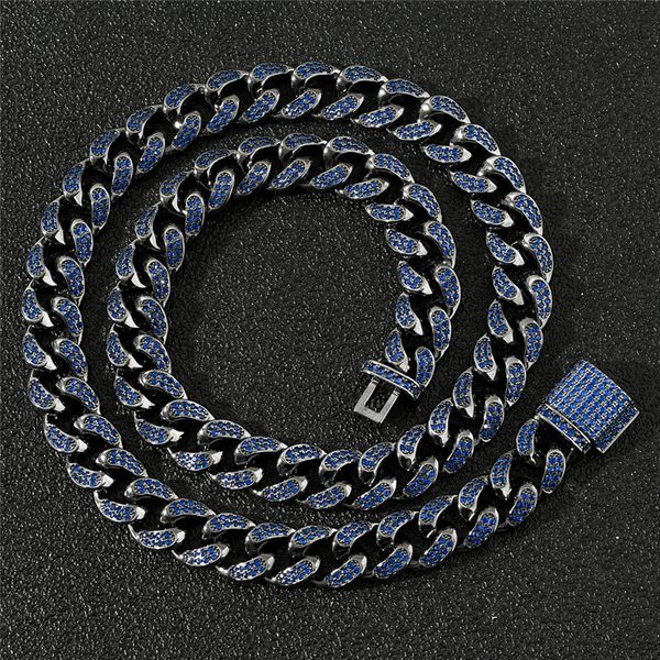 Hip Hop 12mm Miami Curb Collana a catena cubana per uomo Collana a catena a maglia cubana ghiacciata blu nera