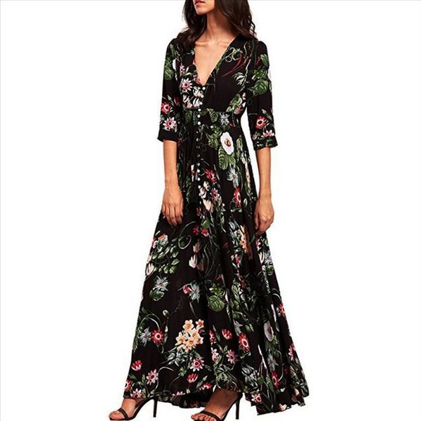 

dresses womens floral printed button up half sleeve split flowy party long dress plus size for women 2xl zomer jurk 15, Black;gray