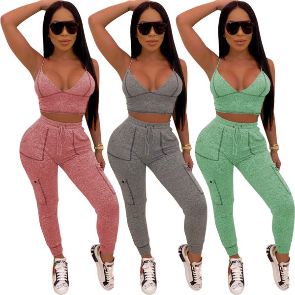 

women gray casual two pieces set elastic high waist drawstring pants + strap v-neck crop outfit fitness tracksuits