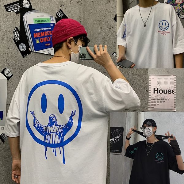 

перт тенденции улыбающегося лицо печатных t- корейского пальто футболка топ-версию красивой со свободной 5-точечным рукавом сверху студента, Blue