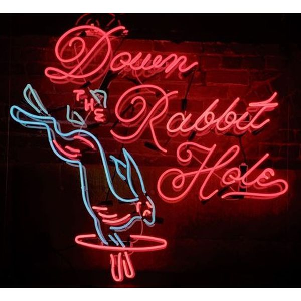 

neon sign for down the rabbit hole glass tubes resterant decorate light room paint arcade display business impact attract light