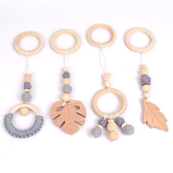 

baby products baby toys 1set/4pcs play gym wooden beads beech leaf pendant teething nursing stroller 0-12 months baby rattle toys