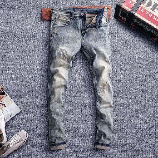 

men's jeans italian style fashion men retro washed slim fit destroyed vintage ripped streetwear hip hop designer homme1, Blue
