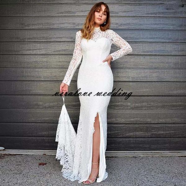 

country garden full lace mermaid wedding dress 2021 high neck side split sweep train bride gowns robe de soriee, White