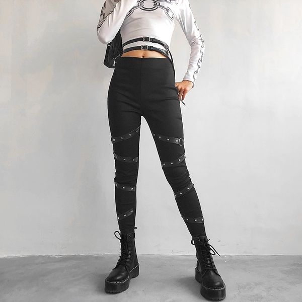 

sweetown push up black gothic leggings women ribbon with rivet patchwork leggins mujer streetwear high waist punk legging pants y200328, Black;white