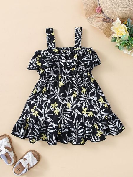 

baby tropical print ruffle hem dress she, Red;yellow