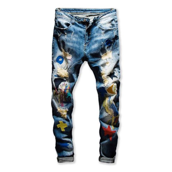 

newsosoo new fashion ripped holes denim trousers with patches slim fit biker jean pants for male washed size 28-38, Blue