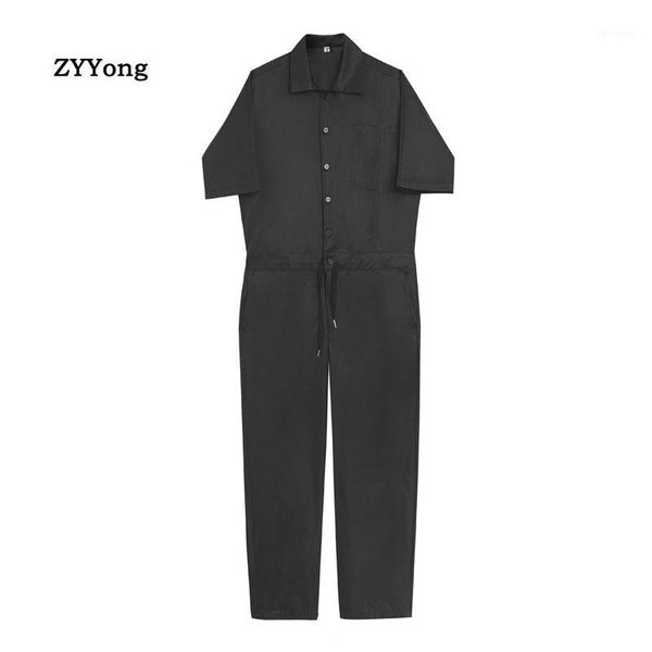 

men jumpsuits casual loose solid joggers streetwear shortsleeve fashion straight pants men rompers cargo overalls 2020 new1, Black