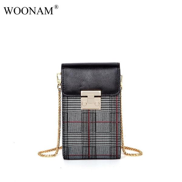 

woonam women fashion phone holder hide genuine calf leather with check print small pouch flap cross body bag wb838