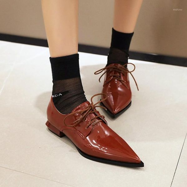 

women' s basic pumps low square heel office patent leather pointed toe lace-up casual shoes leisure red black comfortable pumps1