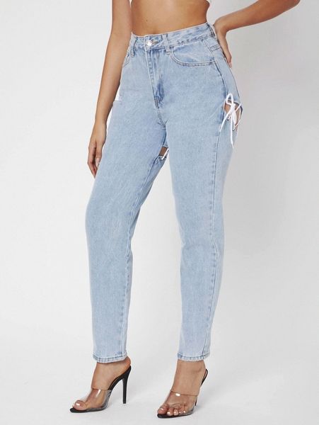 

sxy eyelet lace up knot mom jeans z5vz#, Blue