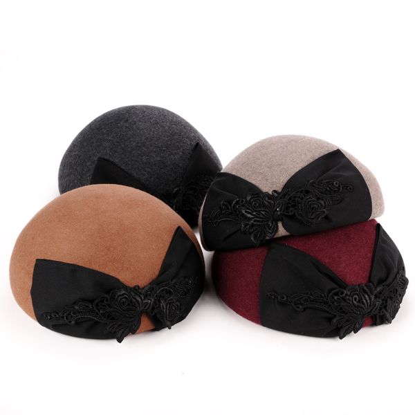 

berets autumn winter dome beret hat british elegant vintage korean version wool felt ladies hats women bowknot casual cap h6865, Blue;gray
