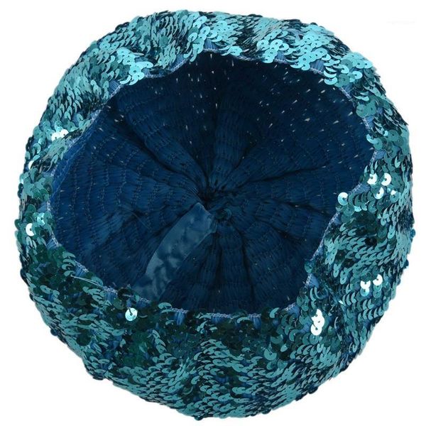 

lady costume stretch sparkly shining sequin beret beanie hat blue1, Blue;gray