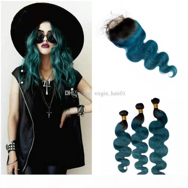 

dark roots 1b teal human hair weaves blue hair extension with lace closure ombre human hair peruvian virgin 3 bundle deals, Black;brown