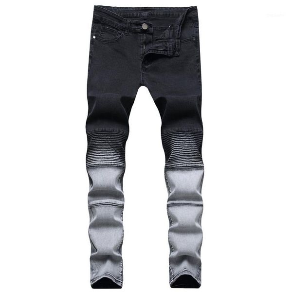 

2020 men's denim new pleated motorcycle pants youth elastic slim two-color casual jeans fashion1, Blue