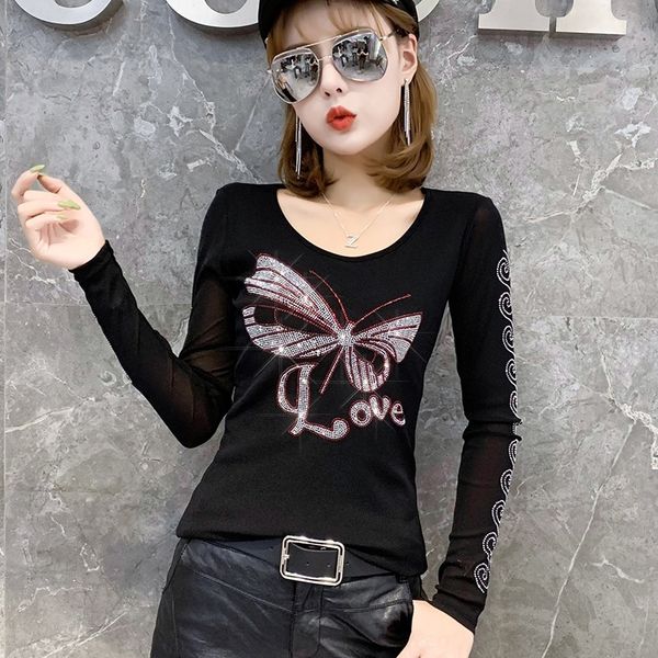 

rk6n6 осень top бабочки 2020 новые бабочки горячие женщины персонализированные тонкий топ моды длинный рукав алмаз дно mvoph, White