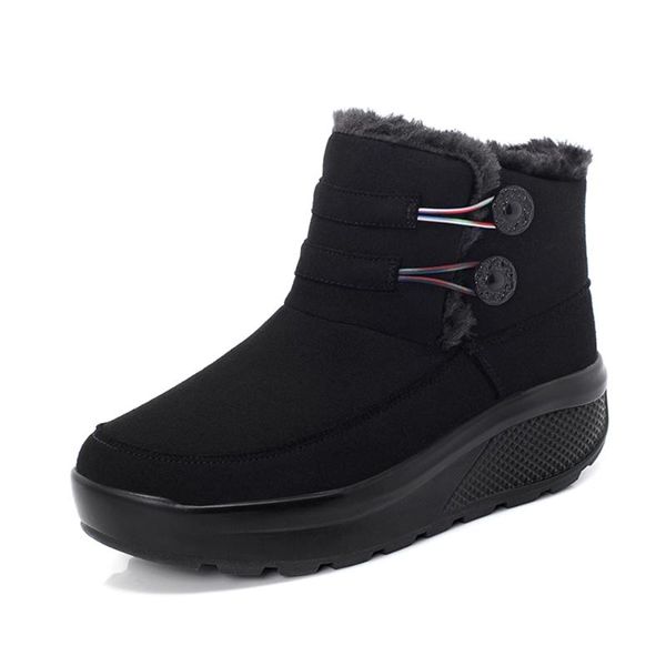 

women's snow boots ankle winter boots for woman faux suede plush keep warm ladies winter shoes buttons wedges non-slip female 42, Black