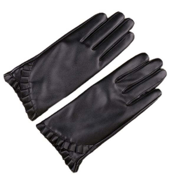 

womens winter touch screen gloves frill ruffles trimming plus velvet lining artificial leather thicken warm full finger driving, Blue;gray