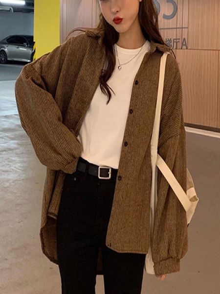 

autumn stripe loose long sleeve coat for women, Black;brown