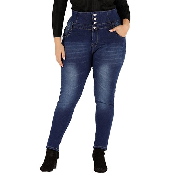 

4xl women button winter jeans plus size high waist skinny denim pants casual stretch pencil jeans ladies calca feminina d30 201029, Blue