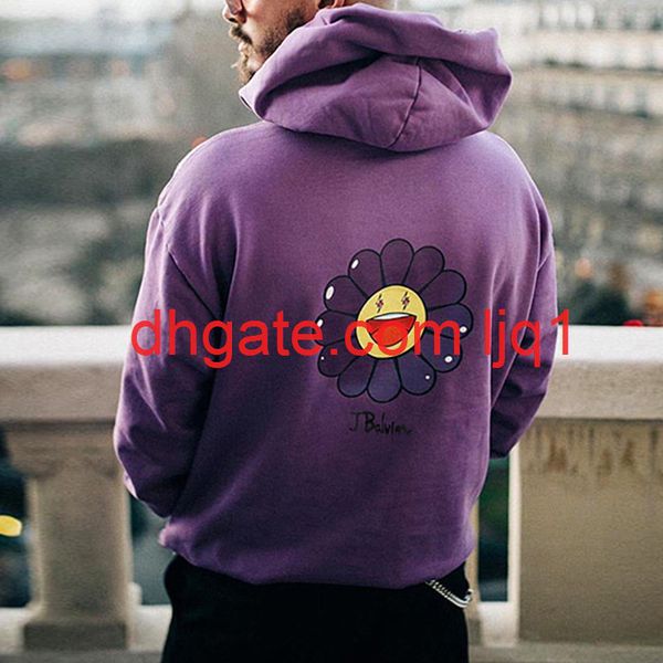 

j balvin takashi murakami hoodie flower print oversize hooded sweatshirts harajuku casual cotton sweaters jumpers men hip hop streetwear, Black