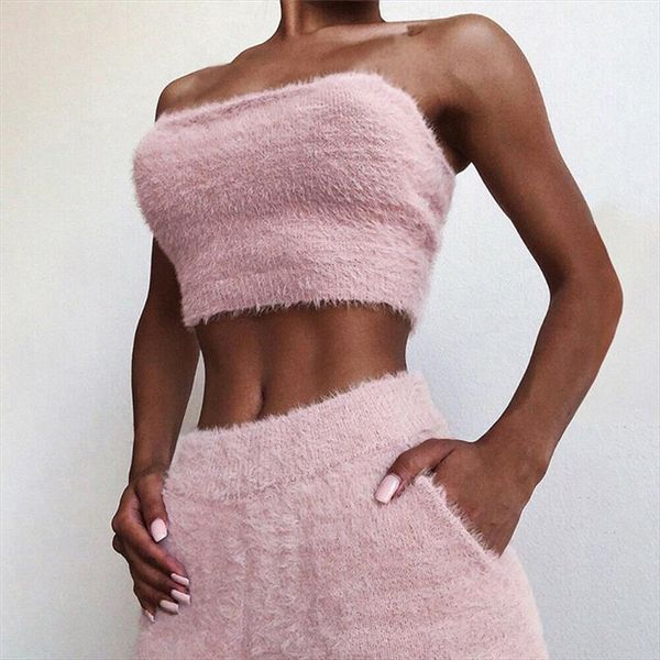 

bodycon two piece set fluffy strapless tube shorts suit autumn winter clothes women club outfits short matching sets, Gray