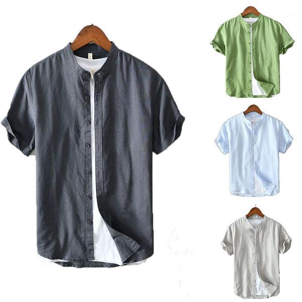 

linen cotton short sleeve shirts for men's clothing stand-up collar beach white green button pullover shirt plus size -4xl1, White;black