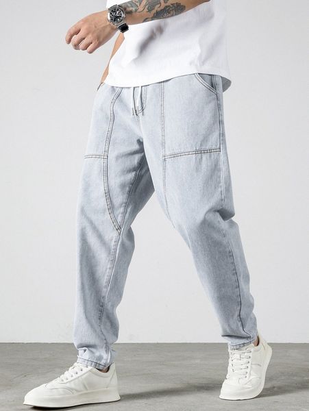 

men stitching drawstring waist tapered jeans g3wh#, Blue