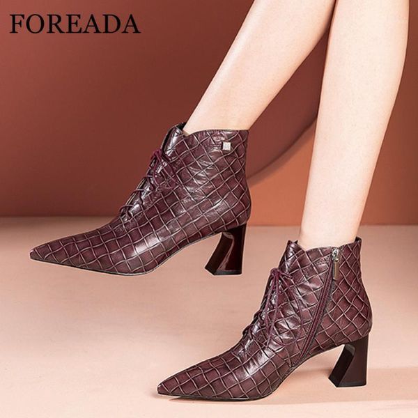 

foreada pointed toe ankle boots real leather high heel woman boots zip chunky heel short lace up female shoes wine red 411, Black
