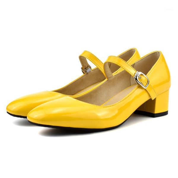 

dress shoes ymechic fashion patent yellow black white chunky heel mary jane for women heels shallow ladies pumps footwear summer 20211