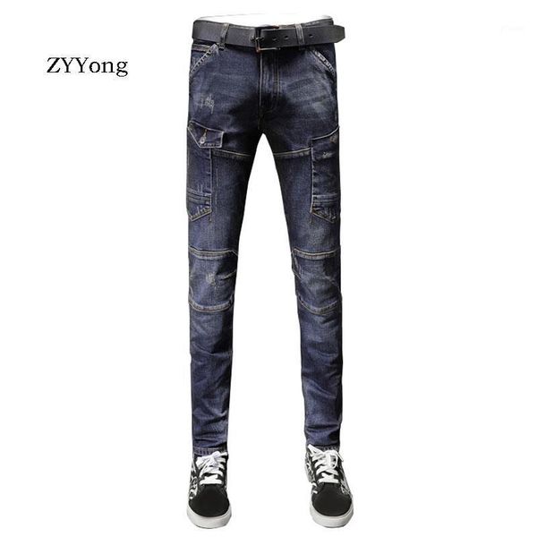 

zyyong standard tooling straight denim trousers men casual classic fashion stitching pocket blue denim trousers men1