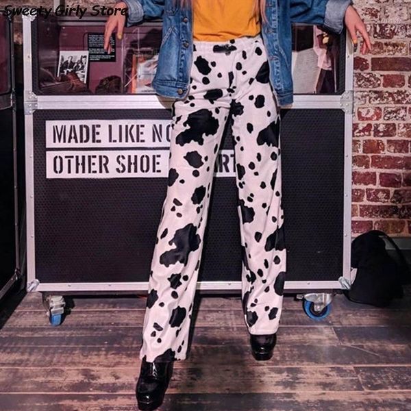 

women's pants & capris casual loose sweatpants milk cow printed women elastic high waist trousers girls baggy straight pantalon autumn, Black;white