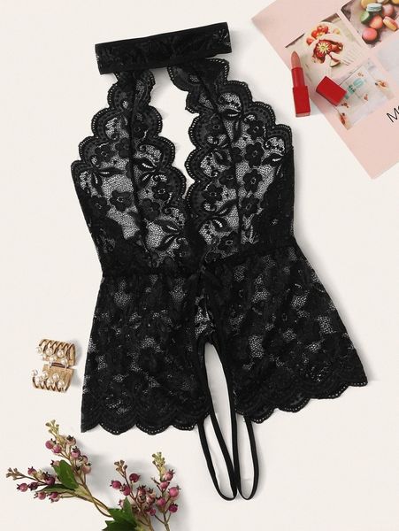 

plus floral lace crotchless teddy bodysuit r4xi#, Black;white