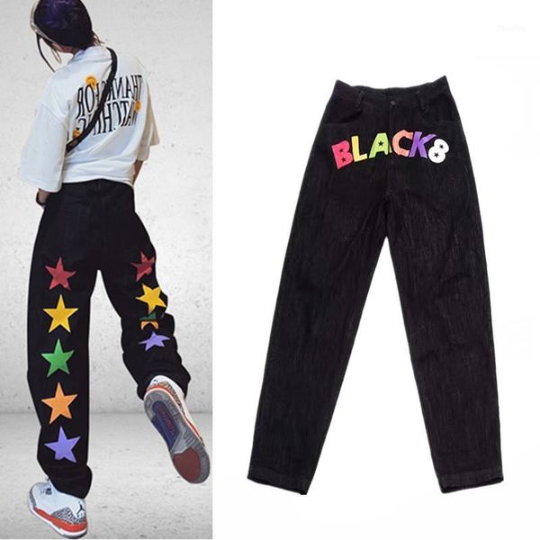 

jeans woman cool black colorful stars printed straight jeans dancer pants denim hip hop body feminino nz981, Blue
