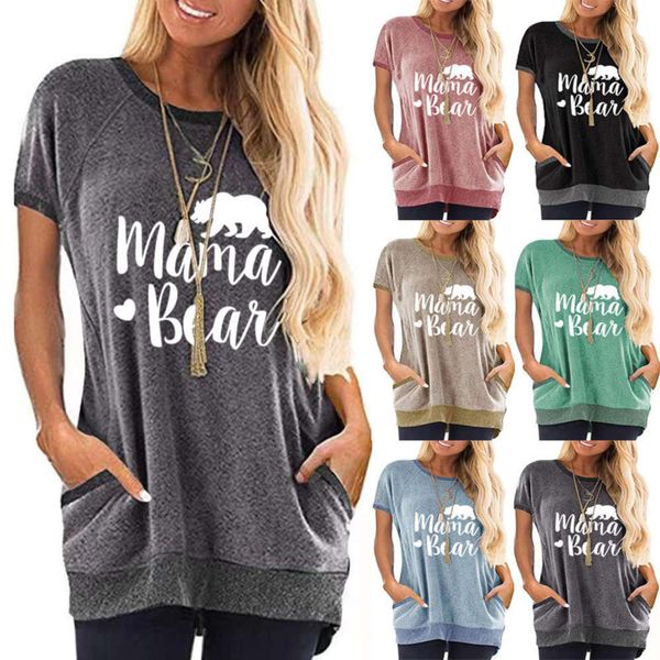 

2021 summer new women's bear letter print round neck short sleeve pocket loose t-shirt outdoor ladies t shirts for women ing, White