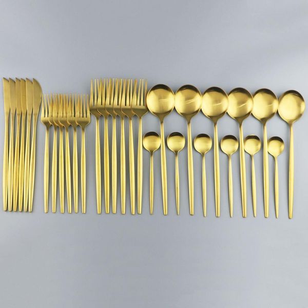 30pcs Gold DinnerWare Acciaio inox Posate da tavola da tavola Dessert Flatware Set Cucina Dinner Coltello Forcella Cucchiaini Stringhes Set di argenteria 201116