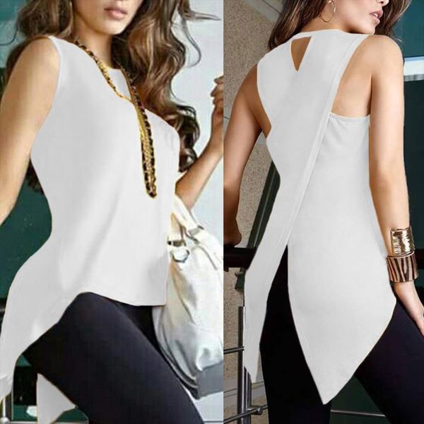 

tank summer fashion sleevele women summer fashion solid color sleeveless irregular cross back vest tank women loose, White