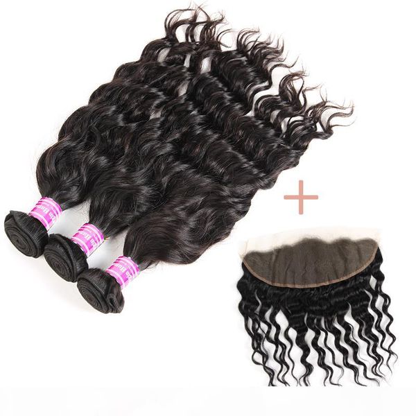 

raw indian virgin hair water wave unprocessed brazilian peruvian human hair extensions wefts 3 bundles with lace frontal weave bundles, Black