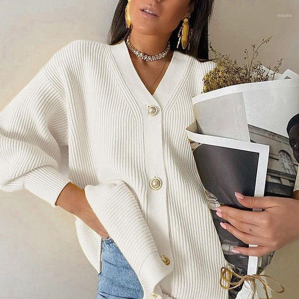 

for women casual v-neck knitted cardigan autumn winter lantern sleeve button female fashion ladies oversize sweater1, White;black