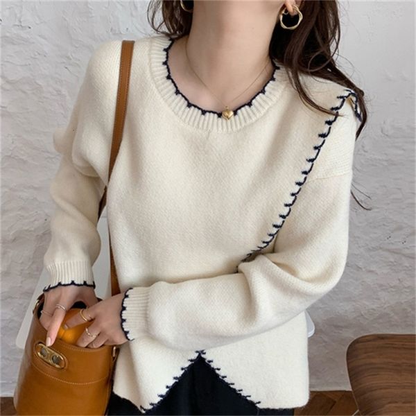 

2021 new women's sweater knitting oversized solid pullover the neck split sharpened long sleeves mesh released autumn jumper 6ids, White;black