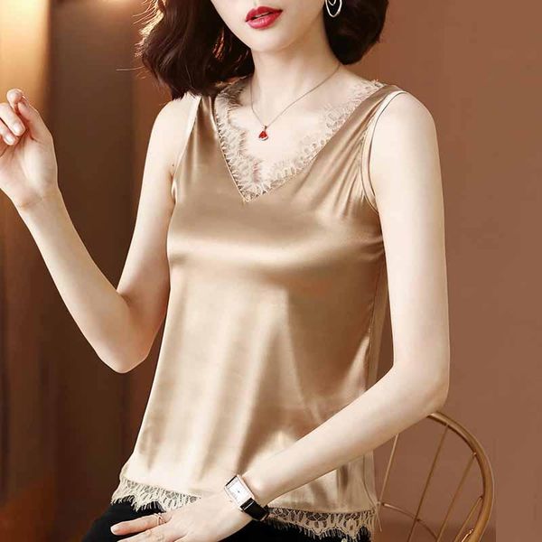 

blouse women 2021 summer sleeveless blouse shirt women lace v-neck chiffon shirts blusas camisas mujer d267, White