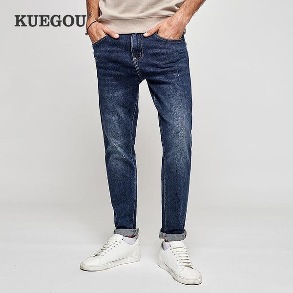 

kuegou cotton autumn spring clothing jeans scratched wear slim fashion trousers stretchy denim men pants lk-1840, Blue