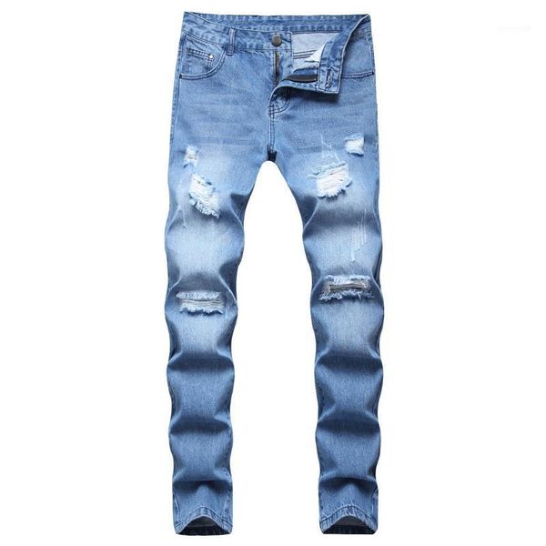 

new men's jeans straight slim ripped cotton denim pants men's pants1, Blue